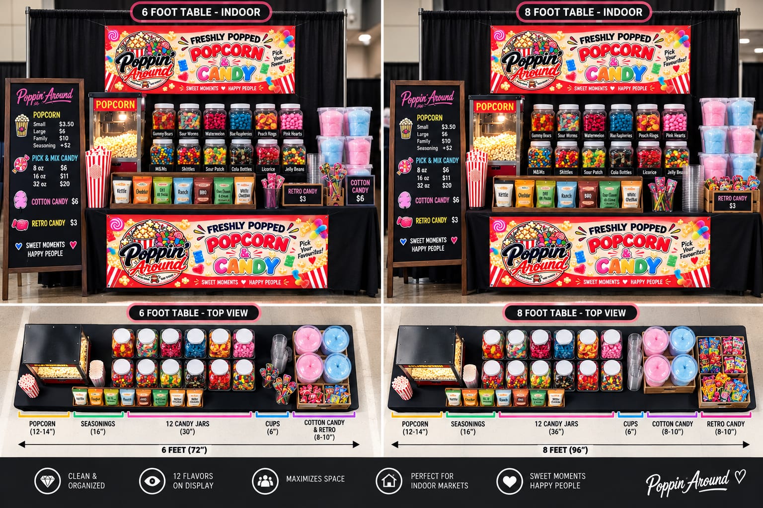 Poppin' Around market booth setup with popcorn, candy jars and cotton candy