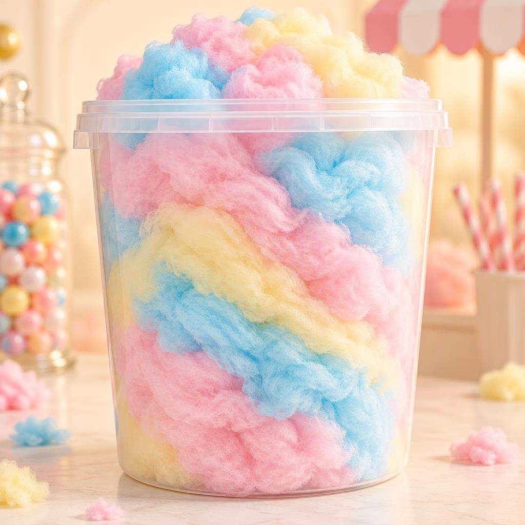 A clear 32 oz tub filled with pink, blue and yellow cotton candy on a cream counter